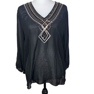 NWT Ellen Tracy Black Sequin All That Glitters Sheer Blouse Top Large